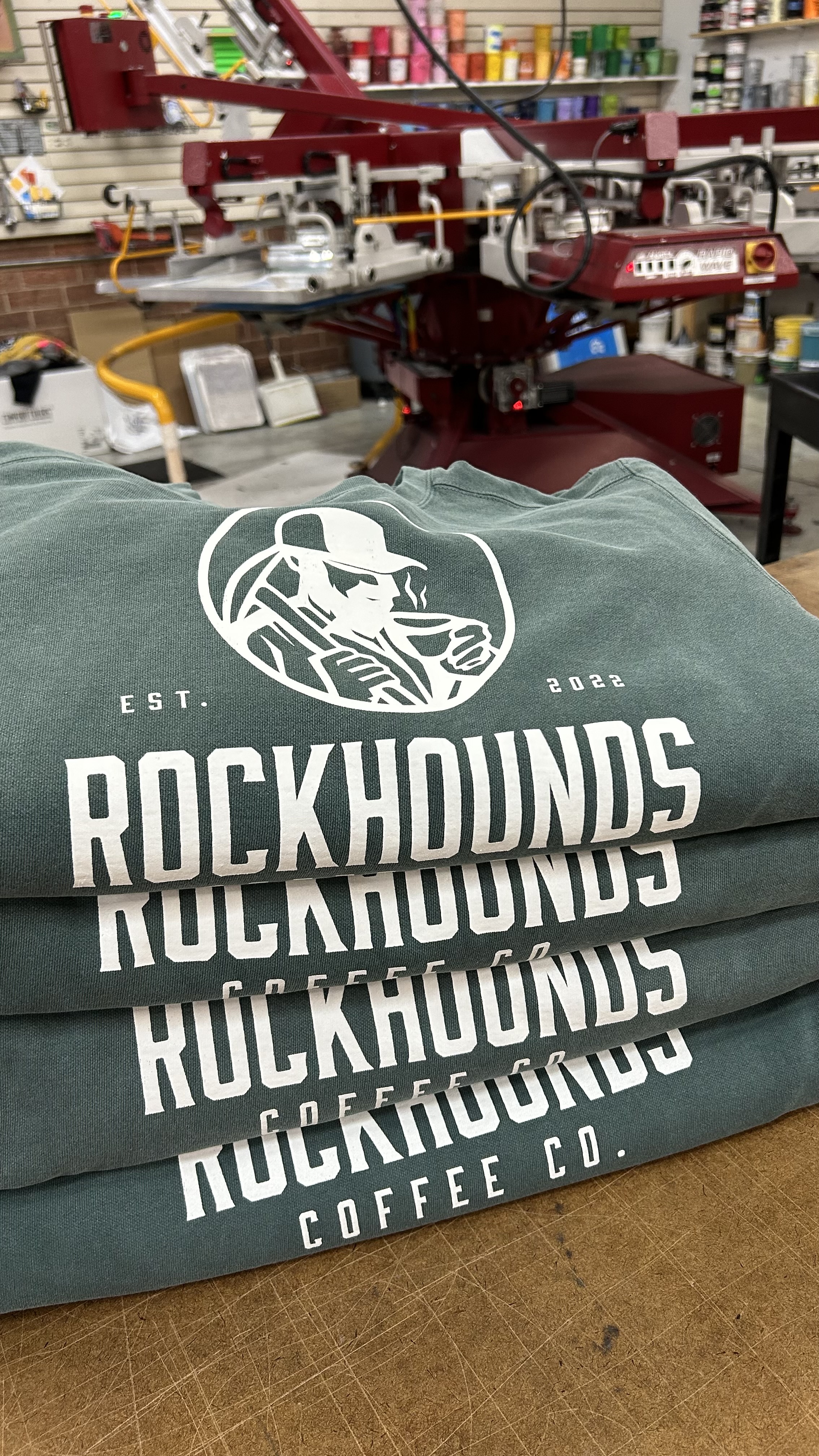 Rockhounds Coffee Co. — Screen-printed tees, fresh off the press